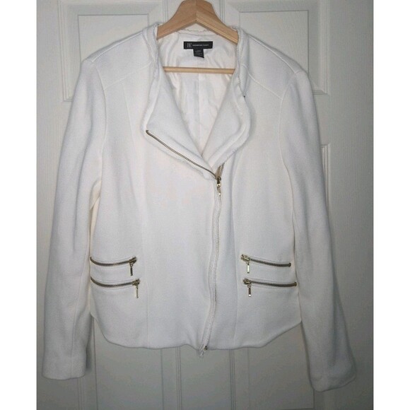 INC International Concepts Lg Women Cotton White Poly Lined Jacket Gold Zippers - Picture 1 of 11